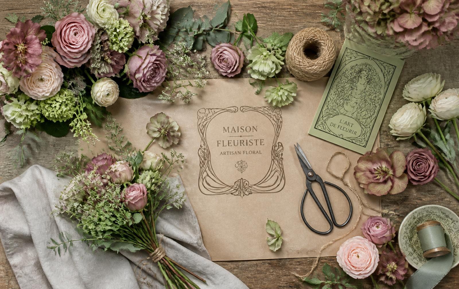 Werkbank mit Saisonblumen, Schere, Bast und Papier